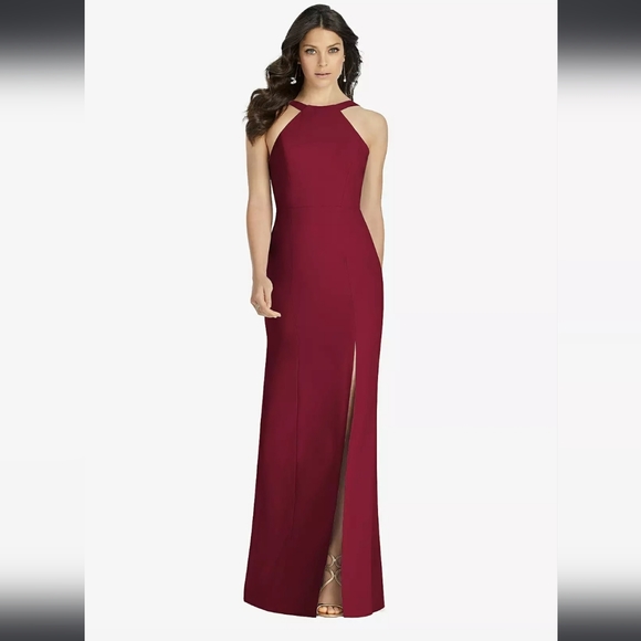 Dessy Collection High-Neck Backless Crepe Trumpet Gown In Burgundy Style… - Picture 1 of 9